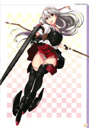 Rule 34 | 1girl, armor, boots, bow (weapon), brown eyes, checkered background, flight deck, full body, gintarou (kurousagi108), gloves, gradient background, hairband, hakama, hakama short skirt, hakama skirt, highres, holding, holding bow (weapon), holding weapon, japanese clothes, kantai collection, long hair, looking at viewer, muneate, open mouth, page number, panties, partially fingerless gloves, partly fingerless gloves, red hakama, scan, short sleeves, shoukaku (kancolle), silver hair, simple background, single glove, skirt, smile, solo, thigh boots, thighhighs, underwear, weapon, white panties, yugake