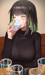 Rule 34 | 1girl, black hair, black sweater, blush, breasts, cellphone, closed eyes, colored inner hair, commentary, cup, drinking, earrings, english commentary, fingernails, green hair, green nails, hair intakes, highres, holding, holding cup, jewelry, long sleeves, looking at viewer, medium breasts, miru (ormille), mole, mole under eye, multicolored hair, nail polish, original, ormille, phone, ribbed sweater, short hair, solo, sweater, table, turtleneck, turtleneck sweater, two-tone hair, water