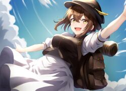 Rule 34 | 1girl, asanagi shion, backpack, bag, bedroll, black hat, breasts, brown bag, brown hair, cloud, dress, hat, hat feather, medium breasts, octopath traveler, open mouth, short hair, short sleeves, sky, solo, tressa colzione, white dress, yellow eyes