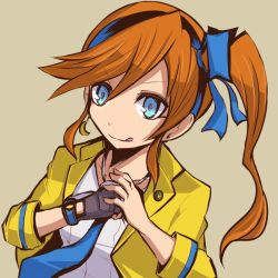 Rule 34 | 1girl, ace attorney, artist request, athena cykes, blue eyes, blue necktie, brown hair, crescent, crescent earrings, cropped jacket, earrings, fingerless gloves, gloves, hair between eyes, hair ribbon, jacket, jewelry, long hair, necklace, necktie, partially fingerless gloves, phoenix wright: ace attorney - dual destinies, ponytail, ribbon, side ponytail, single earring, single glove, smile, solo, tongue, yellow jacket