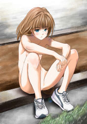 Rule 34 | 1girl, :t, aitanikofu, androgynous, bad id, bad pixiv id, blue eyes, brown hair, censored, convenient censoring, convenient leg, flat chest, grass, long hair, no pussy, no socks, nude, nudist, original, pout, pxkanif, shoes, short hair, sitting, sneakers, solo, zenra