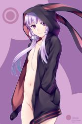 Rule 34 | 1girl, animal hood, black hoodie, blush, breasts, cleavage, closed mouth, cowboy shot, dated, groin, hair tubes, hands in pockets, hood, hood up, hoodie, lips, long sleeves, looking at viewer, naked hoodie, navel, open clothes, open hoodie, pink hair, purple background, purple eyes, rabbit hood, short hair with long locks, sidelocks, signature, small breasts, solo, standing, stomach, tsuki tokage, vocaloid, voiceroid, yuzuki yukari