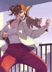 Rule 34 | animal, animal on arm, antenna hair, balcony, blush, breasts, breath, brown eyes, brown hair, building, cat, chinese zodiac, cleavage, clenched hands, collarbone, closed eyes, fighting stance, fingernails, grey jacket, highres, jacket, medium hair, nanamesohuutei, open clothes, open jacket, open mouth, original, outdoors, pants, ponytail, shirt tucked in, silhouette, smile, stretching, sweatpants, teeth, tongue, tongue out, utility pole, year of the tiger, zipper