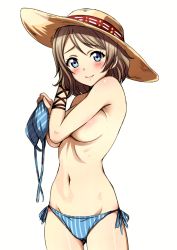 Rule 34 | 1girl, absurdres, bikini, blue bikini, blue eyes, blush, breasts, cameltoe, covering breasts, covering privates, cowboy shot, hat, highres, large breasts, light brown hair, looking at viewer, love live!, love live! sunshine!!, navel, ribs, sankuro (agoitei), scan, short hair, side-tie bikini bottom, simple background, smile, solo, stomach, striped bikini, striped clothes, sun hat, swimsuit, topless, underboob, unworn bikini top, vertical-striped bikini, vertical-striped clothes, watanabe you, white background