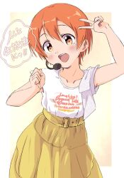 Rule 34 | 1girl, belt, blush, border, clenched hand, collarbone, commentary request, english text, hair between eyes, hand up, headset, highres, hoshizora rin, long skirt, looking at viewer, love live!, love live! school idol project, open mouth, orange eyes, orange hair, outside border, sen (sen0910), shirt, short hair, short sleeves, skirt, solo, standing, teeth, translation request, upper body, upper teeth only, v, white border, white shirt, yellow background, yellow belt, yellow skirt