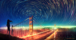 Rule 34 | 1girl, bridge, camera, city lights, facing away, floating hair, from behind, golden gate bridge, hands in pockets, long hair, motion blur, night, night sky, original, outdoors, photo-referenced, river, san francisco, sky, solo, standing, star (sky), star (symbol), star trail, starry sky, tripod, water, wind, yuumei