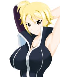 Rule 34 | 1girl, armpits, arms behind head, blonde hair, breasts, brown eyes, covered erect nipples, fairy tail, juudai, large breasts, lucy ashley, side ponytail, single glove, smile, solo