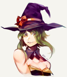 Rule 34 | 1girl, bare shoulders, bow, breasts, brown eyes, cleavage, commentary request, detached collar, green hair, grey background, gumi, halloween costume, hat, highres, idk-kun, looking at viewer, orange bow, parted lips, purple hat, short hair with long locks, sidelocks, simple background, smile, solo, twitter username, upper body, vocaloid, wing collar, witch hat