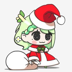 Rule 34 | 1girl, :3, antlers, blush stickers, braid, capelet, ceres fauna, chibi, closed mouth, dress, full body, green hair, hat, highres, holding, holding sack, hololive, hololive english, horns, loen, meme, mole, mole under eye, padoru (meme), red capelet, red dress, sack, santa dress, santa hat, simple background, smile, smol fauna, solo, virtual youtuber, white background