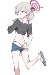 Rule 34 | bikini, blue archive, crop top, flower, grey hair, hair flower, hair ornament, halo, highres, leotard, looking back, mesugaki, mutsuki (blue archive), pink bikini, purple eyes, red halo, shoes, side ponytail, smug, sneakers, swimsuit, swimsuit under clothes, thong leotard, urec, white background, white hair