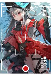 Rule 34 | 1girl, absurdres, arknights, black gloves, blue hat, closed mouth, commentary, dress, english commentary, eyebrows hidden by hair, gloves, grey hair, hair between eyes, hand up, hat, highres, holding, long hair, long sleeves, looking at viewer, official alternate costume, recording, red dress, red eyes, revision, skadi (arknights), skadi the corrupting heart (arknights), u jin, very long hair, viewfinder, wide sleeves
