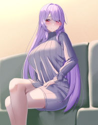 Rule 34 | 1girl, absurdres, breasts, closed mouth, commentary request, crossed legs, dress, feet out of frame, highres, large breasts, long hair, long sleeves, looking at viewer, mashiro03, original, purple hair, red eyes, sitting, smile, solo, sweater, sweater dress, thighs