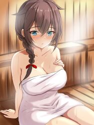 Rule 34 | 1girl, blue eyes, bow, braid, breasts, brown hair, collarbone, commentary, hair between eyes, hair bow, hair flaps, hand on own chest, hand up, highres, indoors, kantai collection, large breasts, long hair, montemasa, naked towel, parted lips, red bow, sauna, shigure (kancolle), shigure kai ni (kancolle), steam, sweat, thighs, towel, wooden wall