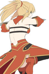 Rule 34 | 1girl, bare shoulders, blonde hair, braid, breasts, commentary request, detached sleeves, fate/grand order, fate (series), from behind, green eyes, hair ornament, hair scrunchie, long hair, mordred (fate), mordred (fate/apocrypha), ponytail, red footwear, red scrunchie, red sleeves, scrunchie, shiseki hirame, simple background, smile, solo, white background