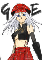 Rule 34 | 10s, 1girl, alisa ilinichina amiella, bare shoulders, black gloves, blue eyes, breasts, closed mouth, collared shirt, commentary request, crop top, cropped shirt, elbow gloves, gloves, god eater, hair between eyes, hat, medium breasts, plaid, plaid skirt, red hat, red skirt, shirt, simple background, skirt, solo, suspender skirt, suspenders, tetsu (kimuchi), white background, white hair, wing collar