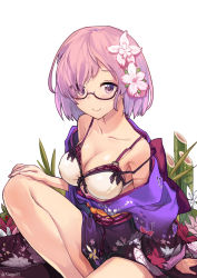 Rule 34 | 1girl, bad id, bad pixiv id, bare legs, bikini, bikini top only, blush, bra, breasts, cleavage, clothes down, clothes lift, commentary request, fate/grand order, fate (series), floral print, flower, glasses, hair flower, hair ornament, hair over one eye, highres, japanese clothes, kimono, kimono lift, kimono pull, large breasts, looking at viewer, mash kyrielight, mash kyrielight (grand new year), official alternate costume, purple bra, purple eyes, purple hair, sash, short hair, simple background, sjh, smile, solo, strap slip, swimsuit, twitter username, underwear, white background, white bikini