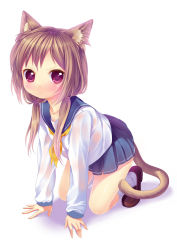 Rule 34 | 1girl, all fours, animal ears, bad id, bad pixiv id, blush, brown hair, caidychen, full body, kneeling, long hair, low twintails, namori, original, pink eyes, school uniform, skirt, solo, tail, twintails