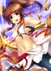 Rule 34 | 10s, 1girl, bandana, bike shorts, blush, breasts, brown eyes, brown hair, cameltoe, fingerless gloves, fire, gauntlets, gloves, idolmaster, idolmaster cinderella girls, long hair, ment, navel, open mouth, ponytail, rock, small breasts, solo, sweat, takamori aiko, torn clothes