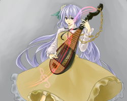 Rule 34 | 1girl, biwa lute, chain, chainy, eechee, grey background, hair ornament, instrument, long hair, lute (instrument), musical note, open mouth, purple eyes, purple hair, solo, staff (music), touhou, tsukumo benben, yiqi