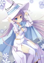 Rule 34 | 1girl, absurdres, adjusting clothes, adjusting headwear, blue eyes, breasts, cape, cleavage, garter straps, grey background, hands on headwear, hat, highres, light purple hair, light smile, long hair, looking at viewer, muririn, simple background, sitting, snowflakes, thighhighs, very long hair, white thighhighs, witch&#039;s garden, witch hat, yukimura suzuno