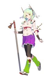 Rule 34 | 1girl, blonde hair, braid, branch, character request, enkyo yuuichirou, full body, green pantyhose, hair ornament, hair over shoulder, highres, holding, long hair, looking at viewer, official art, pantyhose, sandals, simple background, skirt, sleeves past elbows, smile, solo, twin braids, twintails, white background, youkai hyakki-tan!