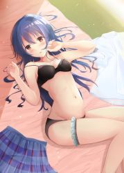 Rule 34 | 1girl, amakawa ruka, bed sheet, black bra, black panties, blue hair, blush, bra, bridal garter, unworn clothes, commentary request, from above, hair between eyes, long hair, looking at viewer, love live!, love live! school idol project, lying, navel, on back, on bed, panties, parted lips, solo, sonoda umi, underwear, underwear only, yellow eyes