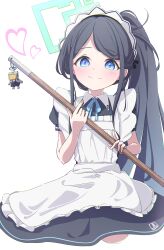 Rule 34 | 1girl, absurdres, aris (blue archive), aris (maid) (blue archive), black hair, blue archive, blue eyes, closed mouth, commentary request, heart, highres, long hair, looking at viewer, maid, maid headdress, official alternate costume, pino suke, ponytail, short sleeves, simple background, smile, solo, white background