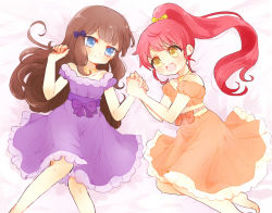 Rule 34 | 2girls, :d, bare shoulders, blue eyes, blush, bow, brown hair, eye contact, hair bow, holding hands, kurosu aroma, long hair, looking at another, multiple girls, nightgown, open mouth, ponytail, pretty series, pripara, red hair, shi-bamaru, shiratama mikan, simple background, smile, yellow eyes, yuri