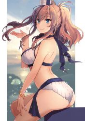 Rule 34 | 1girl, ass, back, beach, bikini, blue eyes, blurry, blurry background, bracelet, breasts, brown hair, hair between eyes, hair ornament, heart, highres, jewelry, kantai collection, kasumi (skchkko), large breasts, looking at viewer, looking to the side, ocean, official alternate costume, ponytail, saratoga (kancolle), side ponytail, sitting, smile, smokestack, solo, sun, sunset, swimsuit, water, white bikini