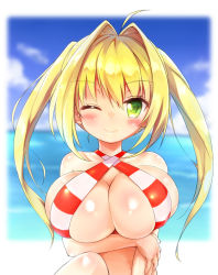 Rule 34 | 1girl, ;&gt;, ahoge, bikini, blonde hair, breast hold, breasts, criss-cross halter, day, fate/grand order, fate (series), green eyes, hair intakes, halterneck, highres, large breasts, long hair, looking at viewer, nero claudius (fate), nero claudius (fate) (all), nero claudius (swimsuit caster) (fate), ocean, outdoors, sitting, solo, sota, striped bikini, striped clothes, swimsuit, twintails