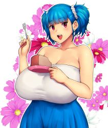 Rule 34 | 1girl, absurdres, bare shoulders, blue hair, breasts, cleavage, earrings, erkaz, flower, food, fork, hair ornament, hair scrunchie, highres, holding, holding plate, huge breasts, jewelry, nail polish, original, outline, plate, purple flower, red flower, red nails, rina atherina, scrunchie, sleeveless, solo, strapless, twintails, white flower, white outline, white scrunchie