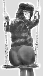 Rule 34 | 1girl, absurdres, ass, balancing, black coat, black hair, coat, highleg, highleg panties, highres, leggings, looking back, monochrome, non-web source, panties, pants, russia, see-through, solo, underwear