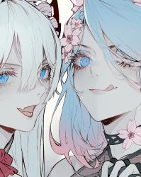 Rule 34 | blue eyes, choker, close-up, commentary, commission, cropped, english commentary, fang, flower, flower choker, hair between eyes, hair flower, hair ornament, highres, holding hands, indie virtual youtuber, licking lips, looking at viewer, looking up, open mouth, pink flower, silvervale, silvervale (4th costume), the cecile, tongue, tongue out, vei (vtuber), vei (vtuber) (4th costume), virtual youtuber, white hair