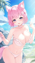 Rule 34 | 1girl, absurdres, animal ears, antenna hair, bare shoulders, bikini, blue sky, blurry, blurry background, blurry foreground, braid, breasts, choker, cleavage, cloud, cloudy sky, collarbone, day, eyelashes, fang, fingernails, frilled bikini, frills, hair ornament, hair ribbon, hakui koyori, happy, heart, heart choker, highres, holding, hololive, horizon, large breasts, looking at viewer, medium hair, nail polish, navel, ocean, open mouth, outdoors, palm tree, pink hair, pink nails, pink ribbon, pulling own clothes, purple eyes, ribbon, rock, skin fang, sky, smile, solo, standing, stomach, strap pull, strap slip, swimsuit, tail, thighs, tree, tyabesu, virtual youtuber, water drop, white bikini, white choker, wolf ears, wolf girl, wolf tail