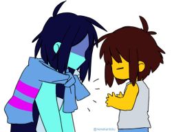 Rule 34 | 2others, = =, blue hair, blue skin, borrowed clothes, brown hair, colored skin, deltarune, emphasis lines, frisk (undertale), kris (deltarune), long sleeves, messy hair, multiple others, nenekantoku, other focus, shaded face, shirt, simple background, striped clothes, striped shirt, twitter username, undershirt, undertale, upper body, white background, yellow skin