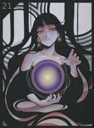 Rule 34 | 1girl, abstract, bare shoulders, black border, black hair, border, bright pupils, dhjs 0010, earrings, hands up, highres, jewelry, long hair, looking at viewer, magic, muted color, orb, original, red eyes, shadow, solo, white pupils