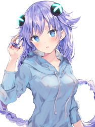 1girl, :d, aisu (icicleshot), alternate costume, blue eyes, blue hoodie, blush, braid, breasts, casual, choujigen game neptune, d-pad, d-pad hair ornament, hair between eyes, hair ornament, hand up, holding, holding hair, hood, hood down, hoodie, long hair, looking at viewer, medium breasts, neptune (series), open mouth, power symbol, purple hair, purple heart, simple background, smile, solo, symbol-shaped pupils, twin braids, twintails, very long hair, white background