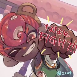 Rule 34 | 1boy, absurdres, animal ears, bear ears, brown hairband, clenched hand, dark-skinned male, dark skin, dynamo roller (splatoon), fake animal ears, grin, hairband, highres, holding, jersey, koike3582, nintendo, octoling, octoling boy, octoling player character, one eye closed, outstretched arm, pompadour, red eyes, red hair, short hair, simple background, smile, solo, splatoon (series), suction cups, teeth, tentacle hair, v-shaped eyebrows, white background