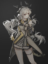 Rule 34 | 1girl, absurdres, arknights, black background, chinese commentary, closed mouth, commentary, cowboy shot, detached sleeves, dress, gloves, grey dress, hair ornament, hand on own chest, headband, highres, long hair, looking away, looking to the side, red eyes, see-through, see-through skirt, silver hair, skirt, solo, standing, tail, thighs, weedy (arknights), ysy (ysy 0219)
