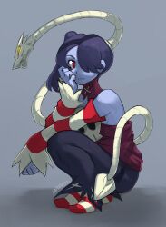 Rule 34 | 1girl, absurdres, blue background, blue hair, detached collar, detached sleeves, dress, frown, hair over one eye, hand on own cheek, hand on own face, highres, kaphrin, leviathan (skullgirls), looking at viewer, red eyes, side ponytail, skullgirls, solo, squatting, squigly (skullgirls), stitched mouth, stitches