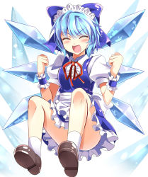 Rule 34 | &gt; &lt;, 1girl, :d, ^ ^, adapted costume, alternate costume, apron, ass, blue dress, blue hair, blush, bow, censored, cirno, commentary request, convenient censoring, convenient leg, dress, e.o., enmaided, closed eyes, hair bow, ice, ice wings, maid, maid apron, maid headdress, open mouth, puffy short sleeves, puffy sleeves, ribbon, shirt, short sleeves, smile, solo, touhou, upskirt, waist apron, wings, wrist cuffs, wrist ribbon, xd