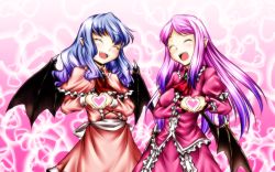 Rule 34 | 2girls, :d, alternate costume, bat wings, blue hair, blush, bow, closed eyes, dress, fangs, female focus, frills, gradient hair, heart, heart hands, highres, if they mated, izayoi sakuya, long hair, moe moe kyun!, mother and daughter, multicolored hair, multiple girls, no headwear, open mouth, original, pointy ears, purple hair, remilia scarlet, sash, smile, touhou, wallpaper, wings, yuzu momo