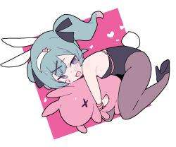 Rule 34 | 1girl, :d, animal ears, aqua eyes, aqua hair, bare shoulders, black footwear, black leotard, black ribbon, blade (galaxist), breasts, colored inner hair, commentary, curled up, fake animal ears, from side, full body, grey pantyhose, hair ornament, hair ribbon, hairband, hatsune miku, heart, heart-shaped pupils, heart hair ornament, high heels, hugging object, leotard, long hair, looking at viewer, looking to the side, multicolored hair, open mouth, pantyhose, pink background, pink hair, pink pupils, pink ribbon, playboy bunny, rabbit ears, rabbit hole (vocaloid), rabbit tail, ribbon, shoes, small breasts, smile, solo, square, strapless, strapless leotard, stuffed animal, stuffed rabbit, stuffed toy, sweatdrop, symbol-only commentary, symbol-shaped pupils, tail, teardrop facial mark, twintails, two-tone background, two-tone hair, vocaloid, white background, white hairband, x hair ornament, x x