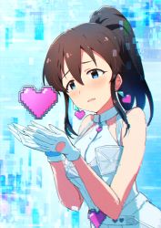 Rule 34 | 1girl, absurdres, bare shoulders, blue eyes, blush, breasts, brown hair, distortion, dress, earrings, frown, glitch, gloves, hair between eyes, halter dress, halterneck, heart, heart earrings, highres, holding, holding heart, idol, idolmaster, idolmaster million live!, jewelry, long hair, medium breasts, open mouth, pixel art, ponytail, satake minako, silver dress, silver gloves, simple background, sleeveless, sleeveless dress, solo, tareme, tears, upper body, wattsu