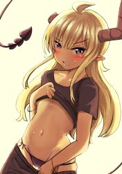 Rule 34 | 1girl, blonde hair, broken horn, clothes lift, clothes pull, demon tail, fang, grin, highres, horns, lilith (machikado mazoku), long hair, machikado mazoku, navel, panties, pants, pants pull, pointy ears, shirt lift, simple background, smile, solo, stomach, stomach day, string panties, tail, tomotsu mark2, underwear