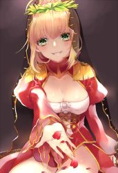 Rule 34 | 10s, 1girl, bad id, bad pixiv id, blonde hair, blush, breasts, cleavage, commentary request, dress, epaulettes, fate/extra, fate/grand order, fate (series), green eyes, hair intakes, highres, ichinosenen, laurel crown, looking at viewer, medium breasts, nero claudius (fate), nero claudius (fate) (all), nero claudius (fate/extra), outstretched arm, parted lips, petals, red dress, smile, solo, veil