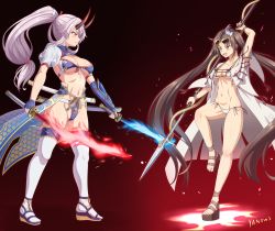 Rule 34 | 2girls, absurdres, armor, artist name, asymmetrical gloves, bikini, black eyes, breasts, brown hair, cape, cleavage, collarbone, commentary request, dual wielding, elbow gloves, fate/grand order, fate (series), flaming sword, flaming weapon, gloves, hair ornament, highres, holding, holding polearm, holding spear, holding sword, holding weapon, horns, japanese armor, katana, kote, large breasts, leg up, long hair, low-tied long hair, midriff, multiple girls, navel, oni horns, polearm, ponytail, purple bikini, purple gloves, red eyes, sandals, see-through, see-through sleeves, short sleeves, side-tie bikini bottom, silver hair, single elbow glove, small breasts, spear, swimsuit, sword, thighhighs, tomoe gozen (fate), tomoe gozen (swimsuit saber) (fate), tomoe gozen (swimsuit saber) (third ascension) (fate), twintails, underboob, uneven gloves, very long hair, waist cape, weapon, white bikini, white cape, white legwear, yanows, yu mei-ren (fate), yu mei-ren (swimsuit lancer) (fate)