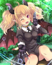 Rule 34 | 1girl, angelmaster, blonde hair, blush, breasts, bubble, claws, copyright name, demon girl, demon horns, demon wings, dress, gloves, horns, kazumasa, looking at viewer, official art, one eye closed, open mouth, pointy ears, purple eyes, smile, solo, twintails, wings