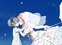 Rule 34 | 1boy, 1girl, age difference, blue hair, child, dress, closed eyes, face-to-face, happy, headphones, hetero, imminent kiss, necktie, nei (os), original, os (os fresa), outdoors, parasol, pink hair, smile, souta (os), umbrella, wedding dress