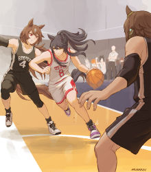 Rule 34 | 3girls, animal ears, artist name, ball, bandaid, bandaid on face, bandaid on nose, bare arms, bare shoulders, basketball, basketball (object), basketball jersey, basketball uniform, black hair, black legwear, black shorts, brown hair, clenched teeth, collarbone, commentary request, compression sleeve, crowd, faceless, faceless male, gym, highres, horse ears, horse girl, horse tail, indoors, long hair, looking at another, mukakin, multiple girls, narita brian (umamusume), open mouth, ponytail, red eyes, running, shoes, shorts, sirius symboli (umamusume), sneakers, socks, sportswear, standing, standing on one leg, sweat, tail, tank top, teeth, umamusume, v-shaped eyebrows, vodka (umamusume), white shorts, yellow eyes